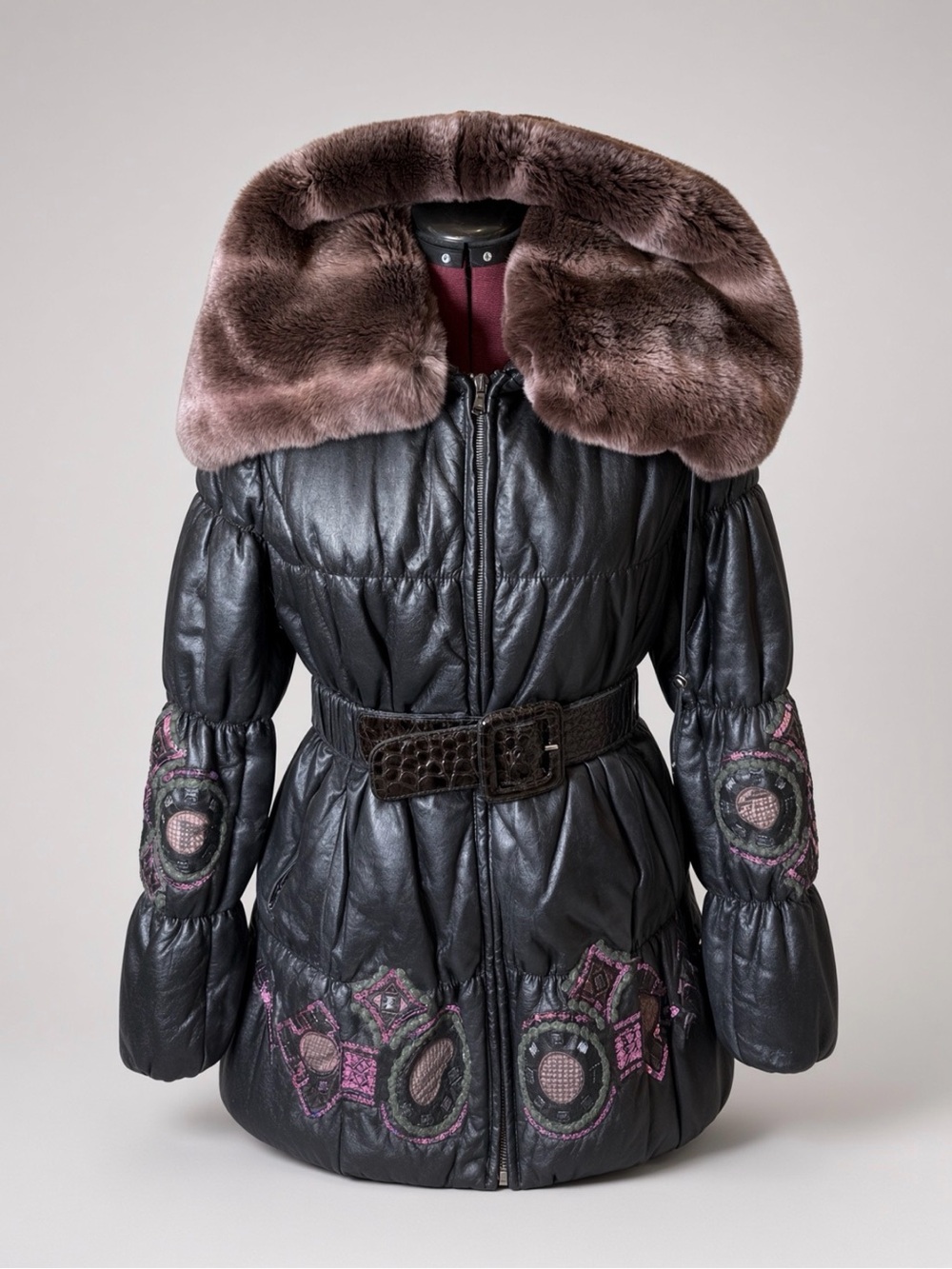 Embroidered Black Leather Puffer Jacket with Brown Fur Collar